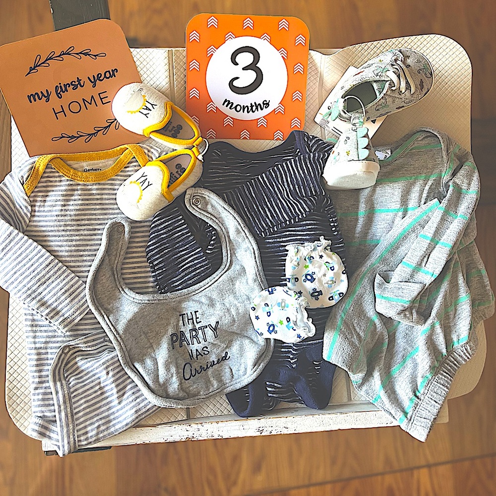 7 pc 0-3 month baby boy bundle, NWOT and 1 used